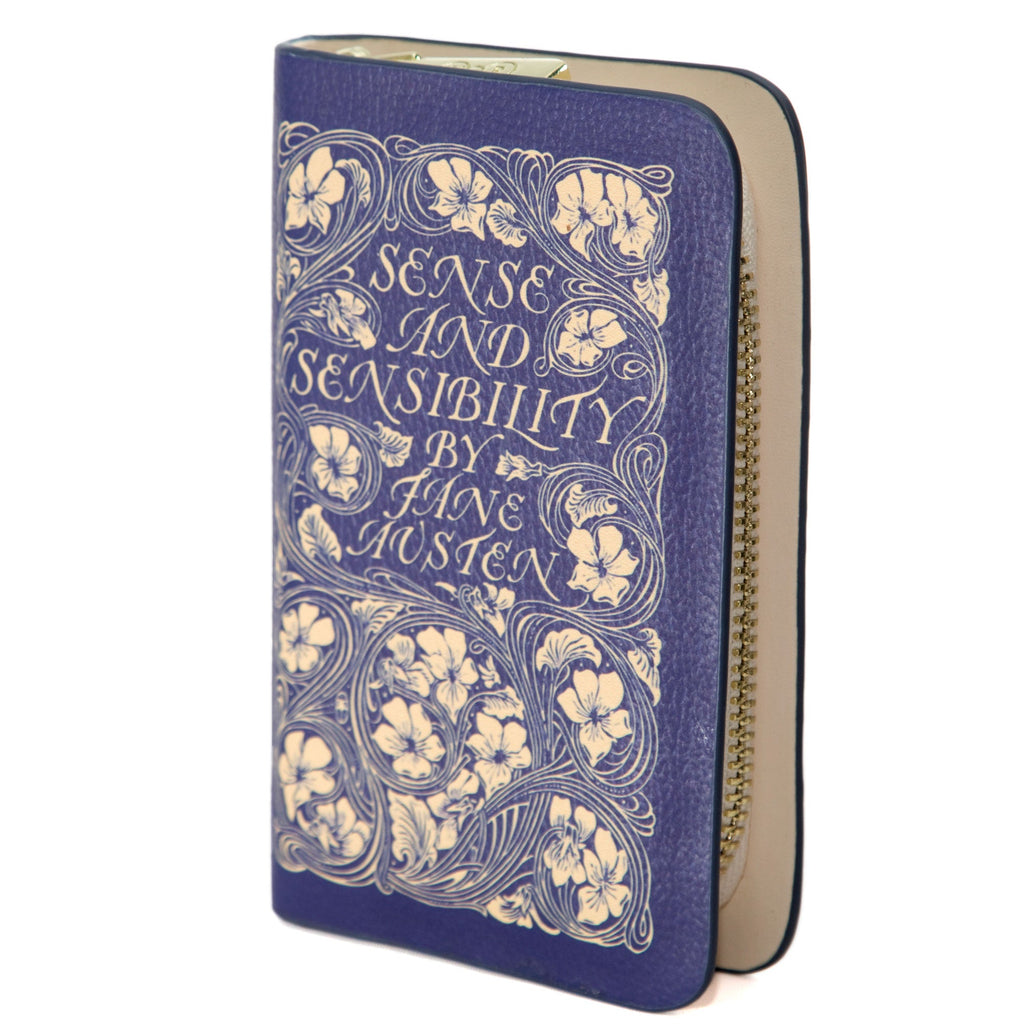 Sense and Sensibility Blue Wallet Purse by Jane Austen with Gold Flower design, by Well Read Co. - Side