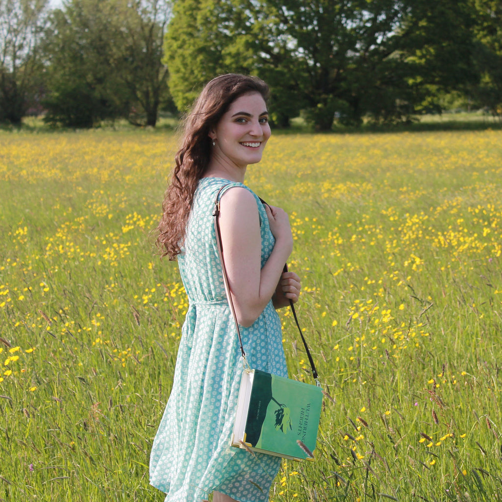Wuthering Heights Green Crossbody Purse by Emily Brontë featuring Lonesome Tree design, by Well Read Co. - Model Standing